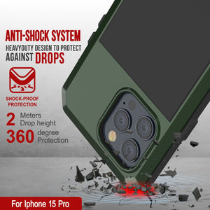 iPhone 15 Pro Metal Case, Heavy Duty Military Grade Armor Cover [shock proof] Full Body Hard [Dark Green]