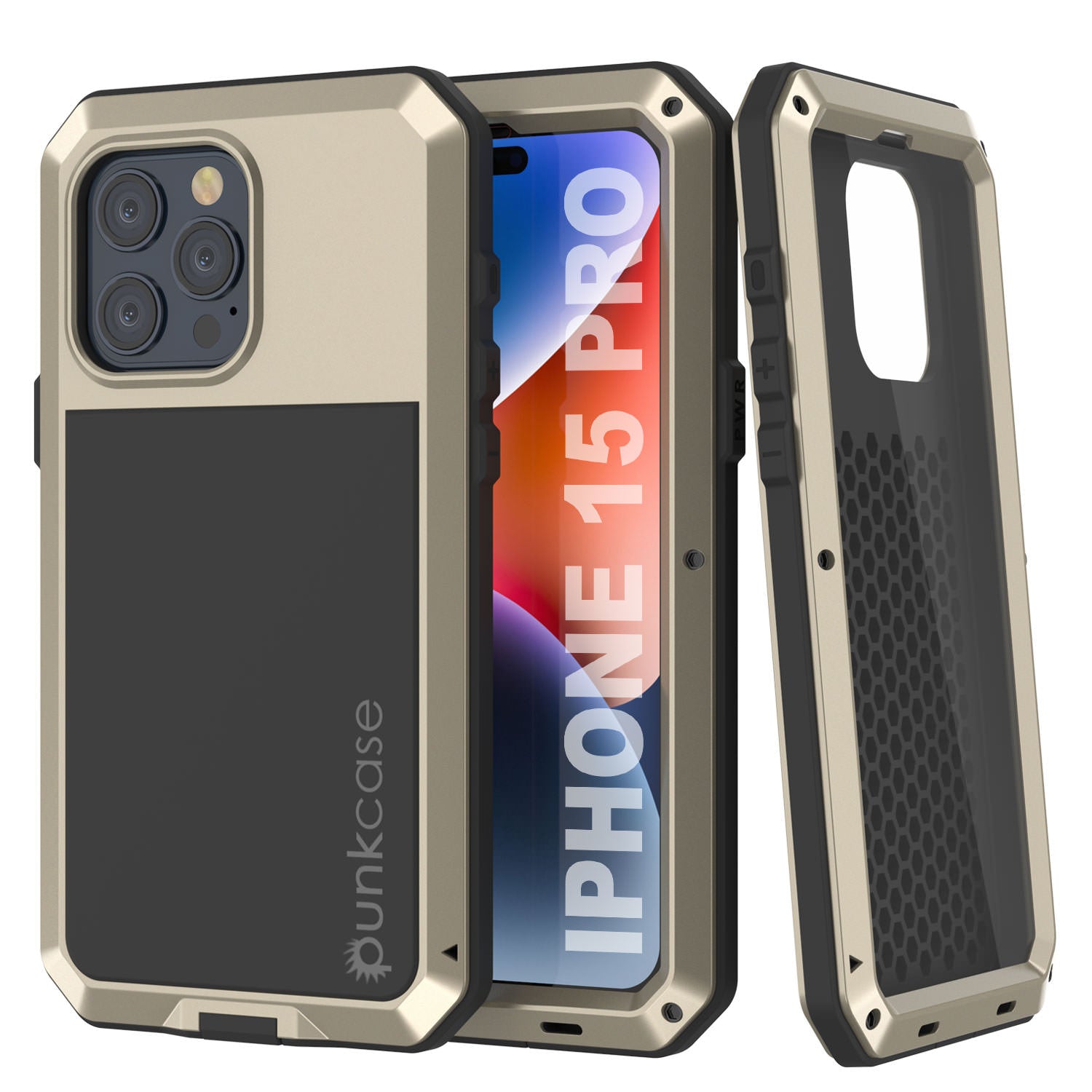 iPhone 15 Pro Metal Case, Heavy Duty Military Grade Armor Cover [shock proof] Full Body Hard [Gold]