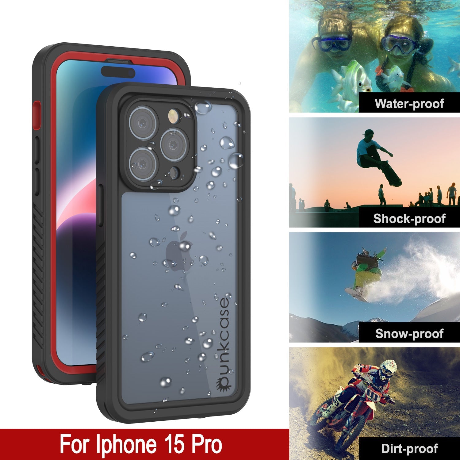 iPhone 15 Pro Waterproof Case, Punkcase [Extreme Series] Armor Cover W/ Built In Screen Protector [Red]