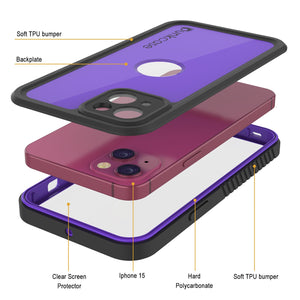 iPhone 15 Waterproof IP68 Case, Punkcase [Purple] [StudStar Series] [Slim Fit] [Dirtproof]