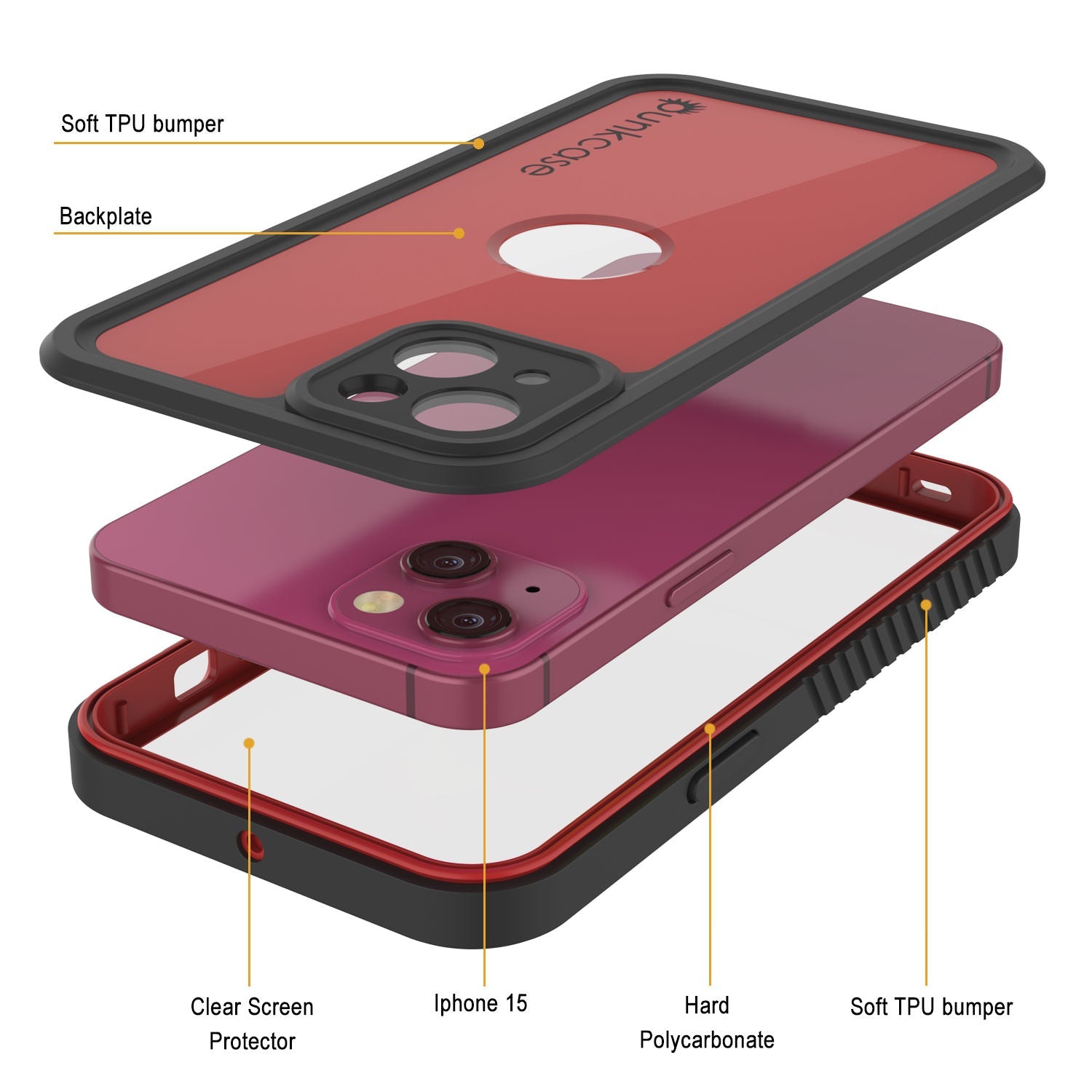 iPhone 15 Waterproof IP68 Case, Punkcase [Red] [StudStar Series] [Slim Fit]