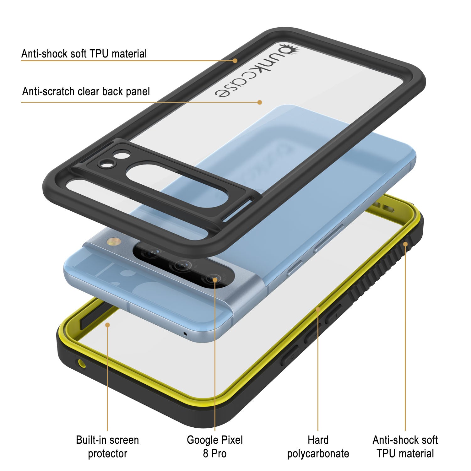 Google Pixel 8 Pro Waterproof Case, Punkcase [Extreme Series] Armor Cover W/ Built In Screen Protector [Yellow]