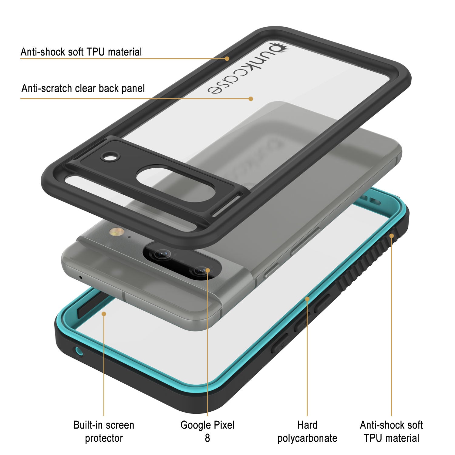 Google Pixel 8  Waterproof Case, Punkcase [Extreme Series] Armor Cover W/ Built In Screen Protector [Teal]