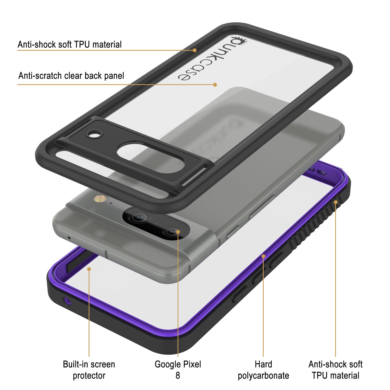 Google Pixel 8  Waterproof Case, Punkcase [Extreme Series] Armor Cover W/ Built In Screen Protector [Purple]