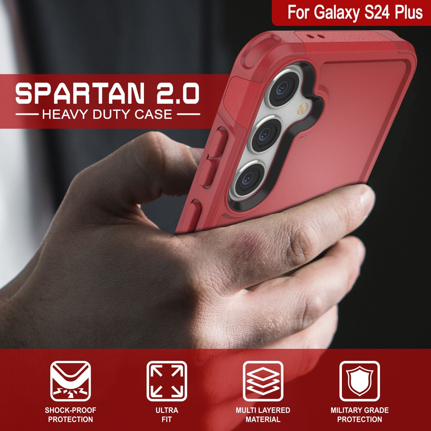 PunkCase Galaxy S24+ Plus Case, [Spartan 2.0 Series] Clear Rugged Heavy Duty Cover [Red]