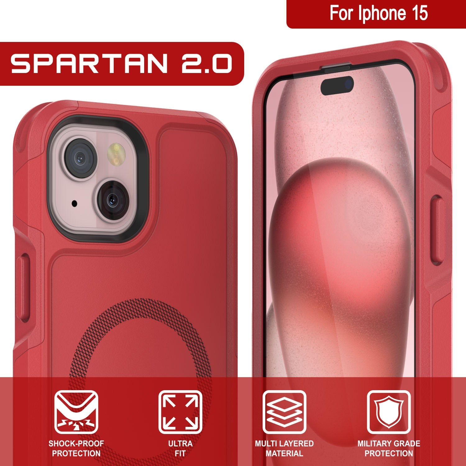 PunkCase iPhone 15 Case, [Spartan 2.0 Series] Clear Rugged Heavy Duty Cover W/Built in Screen Protector [red]