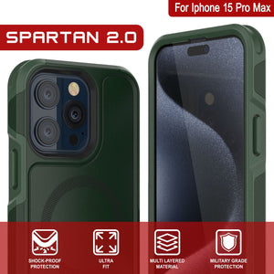 PunkCase iPhone 15 Pro Max Case, [Spartan 2.0 Series] Clear Rugged Heavy Duty Cover W/Built in Screen Protector [dark green]