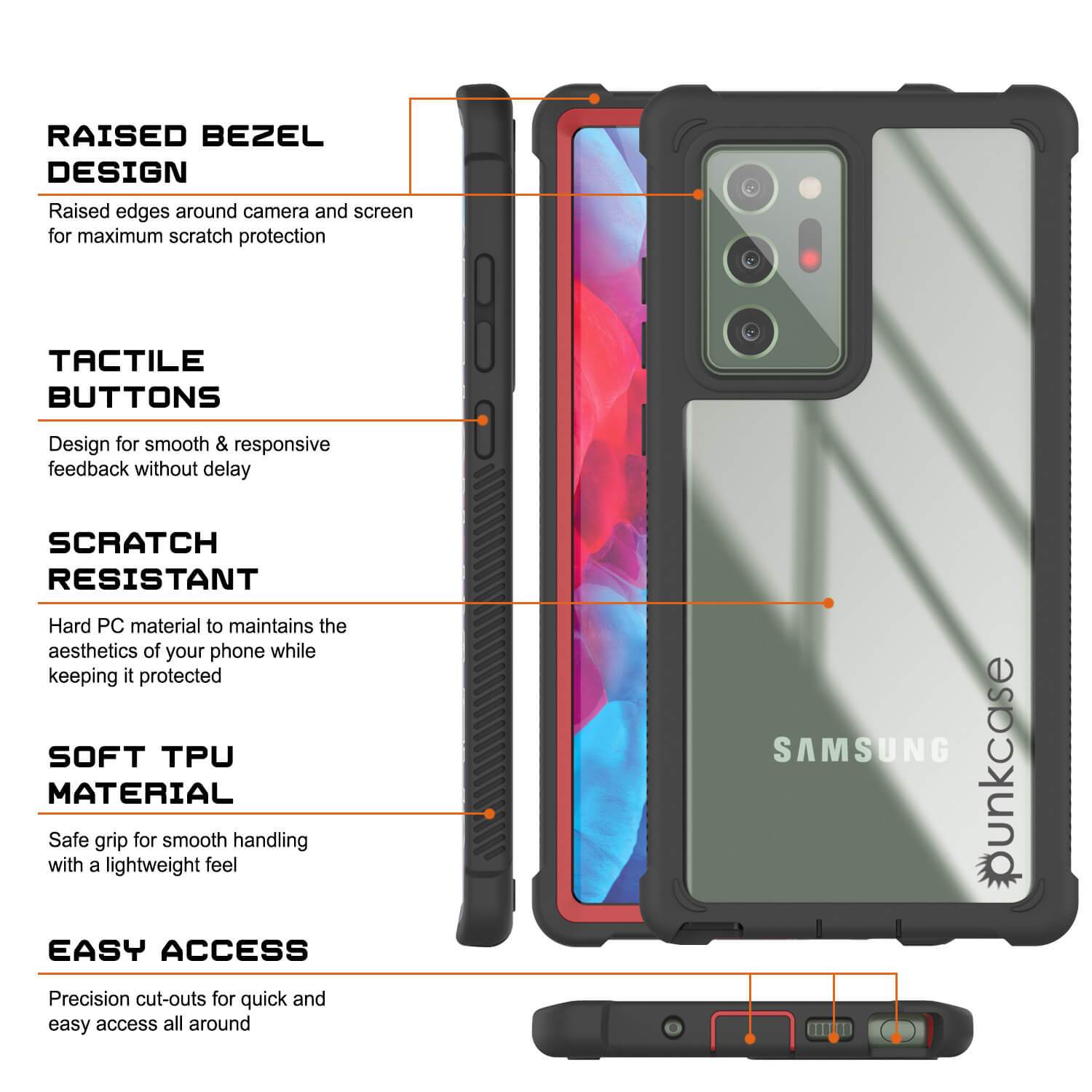 Punkcase Galaxy Note 20 Ultra Case, [Spartan Series] Red Rugged Heavy Duty Cover W/Built in Screen Protector