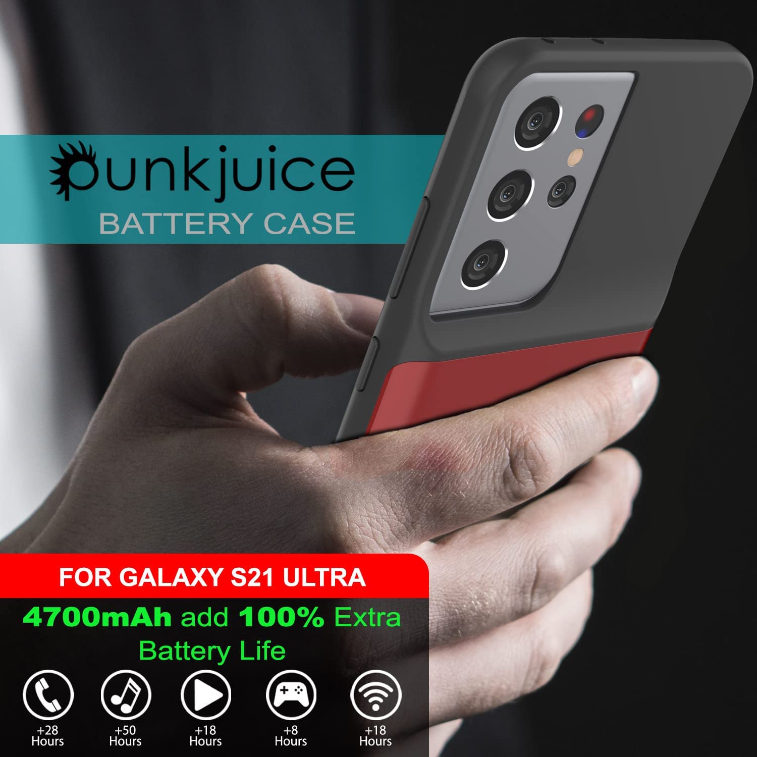 PunkJuice S21 Ultra Battery Case Red - Portable Charging Power Juice Bank with 4700mAh